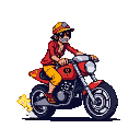 Character in a red shirt and yellow pants riding a red motorcycle with yellow exhaust.