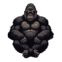 Imposing pixelated gorilla in a hunched, meditative pose, with golden yellow highlights on its chest and face, and glowing yellow eyes.