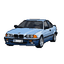 A light blue BMW coupe with a retro pixel art style, angled towards the viewer, showing its grille and headlights.