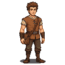 Young man in earth-toned tunic, trousers, and worn boots, with a leather satchel, smiling and looking forward.