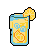 Glass of lemonade with ice cubes and a lemon slice.