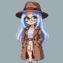 Young woman with blue and lavender hair, wearing a brown fedora, round glasses, and a brown trench coat, with hands in pockets.
