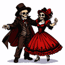 A skeletal couple dances elegantly, the male in a dark suit and top hat, the female in a red and black gown.