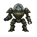 A pigeon wearing a helmet pilots a large, olive-drab military mech with a Gatling gun on its left arm.