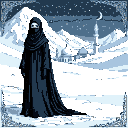 Pixel Art: A Muslim girl in a hijab with wide clothes covering the whole body in a niqab where only the eyes are visible In full-length black clothes from head to toe In nikyaba, where the forehead, eyebrows, and lower part of the face are not visible, only the eyes and she stands straight And her hands are in black gloves and her forehead is covered with a black hijab. Her dress is wide and not tight She has gloves that cover her entire hand and fingers, and she has an abaya with wide sleeves. Make sure that she has a very wide Dress that does NOT fit and with wide sleeves, she stands straight but her arms are slightly raised, she has a hood that covers her entire face, only her eyes are open, her forehead is also closed and she has gloves that cover her entire hand and fingers too (generated with AI by Illudor Nightshade).