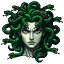 Pixel Art: arcade style fighter character portrait close-up: medusa