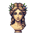 Ancient bust of a woman with braided hair adorned with flowers and greenery, wearing earrings and draped attire.