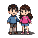 Two children, a boy and a girl, stand with hands clasped, smiling cheerfully.