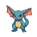 Small blue reptilian creature with large pointed ears, red eyes, and spread bat-like wings.