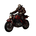 A figure in a skull mask and tattered leather rides a red motorcycle through darkness, its headlight casting a faint glow.