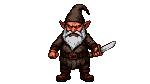 Menacing gnome with a sinister grin, glowing eyes, bushy white beard, dark rustic attire, pointed cap, belt, and a glinting knife in his right hand.
