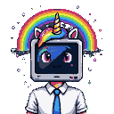 Pixelated figure with a computer monitor for a head displaying magenta eyes and a smile, under a rainbow arc with a golden unicorn horn and rainbow mane. The body wears a white collared shirt and navy tie.