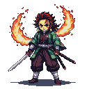 Fierce demon slayer with dark brown and red hair, a scar across their left eye, wearing a green and white checkered haori, poised with a silver sword ready.