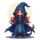 Young sorceress with fiery red hair, face shadowed by a blue hood, hands outstretched channeling magic.