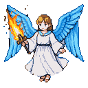 Serene angel with flowing white robe and azure wings holds a blazing sword of fire aloft, gazing forward with a gentle, determined expression.