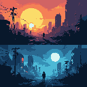 Silhouetted figure in a desolate, post-apocalyptic landscape with ruined structures and skeletal trees, under an orange sunset and a blue moonlit sky.
