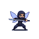Small indigo ninja pixie with pale blue and white wings, holding a katana horizontally.