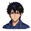 Young man with piercing blue eyes and dark hair, wearing a dark blue jacket with a golden emblem on the lapel.