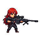 Red-haired girl in chibi style holding a large sniper rifle, focused and ready.