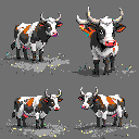 Four pixel art cows in profile, frontal view with horns, and three-quarter view, each with black and white spots, orange-brown patches on their backs, and pink noses and ears.