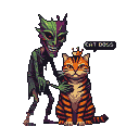 Pixel Art: masked weird character holding cat boss