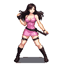 Eastern beauty assassin in a pink babydoll dress and thigh-high boots, holding a weapon.