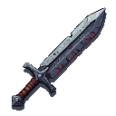 A weathered, dull iron sword with a chipped edge, stained with dark blood. The grip is wrapped in worn leather.