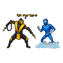 Scorpion in black and yellow, crouched with chain weapon, faces Frozone in a blue suit standing on ice.