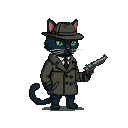 Pixel Art: blak cat detective holding gun (generated with AI by sandacz).