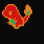 Small red dragon with orange outline, green pixel eye, and a tail ending in a multi-colored flame against a black background.
