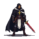 Stoic knight in a dark hooded cloak, wearing armor with a golden cross on his chest, holding a sword with a glowing red blade.