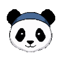 Panda face with black eye patches, nose, and a small smile, wearing a dark blue headband.