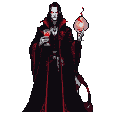 Vampire lord with pale skin, glowing red eyes, and a dark red-accented black coat, holding a crystal goblet of crimson liquid and a glowing orb.