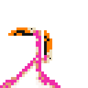 A pink and orange angular, segmented figure in a dynamic, dance-like pose against a black background.