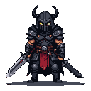 Warrior in dark, horned helmet with glowing yellow eyes, wearing detailed armor with a red waist cloth and two swords.