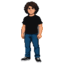 A slender figure with curly brown hair, wearing a black t-shirt and blue jeans, stands in black Vans sneakers.