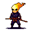 Ninja with a skull head wreathed in flickering pixelated flames, wearing an indigo uniform with orange accents, holding two staffs with glowing tips.