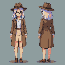 Slim young woman in a brown trench coat, white shirt, beige skirt, and brown shoes, wearing a brown fedora and glasses. Her shoulder-length hair is blonde with pastel blue, green, and lavender streaks. Shown from front and back.
