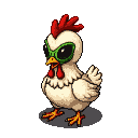 Chicken wearing large green goggles, head tilted curiously.