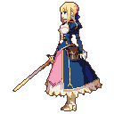 Pixel Art: blonde female warrior with long sword, sideview, full body