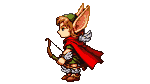Elven archer with large pointed ears, red cape, green tunic, and winged boots, holding a bow, with a quiver on their back.