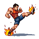 Fighter in red tank top and blue shorts performs a dynamic kick with flames erupting from his foot against a dark background.