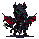 A demon hunter with jagged horns, leathery red-membraned wings, and glowing green eyes grips a weathered staff.