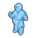 A two-dimensional figure made of glowing pale blue holographic blueprint paper, resembling origami, with one hand raised.