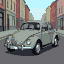 A light-colored Volkswagen Beetle parked on a street with pixelated buildings.