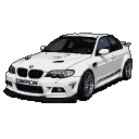 White BMW M3 Competition from a three-quarter front view, detailed pixel art with a black background.