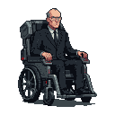 Elderly bald gentleman with spectacles, wearing a dark suit, seated in a high-tech dark wheelchair.