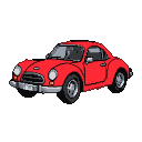 A classic red coupe with rounded bodywork and distinct headlights on a black background.