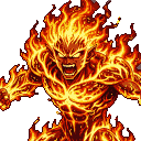 Pixel Art: arcade style fighter character portrait close-up: fire eleme...