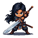 Determined warrior with flowing dark hair, intense gaze, and rugged dark armor with teal accents and brown leather straps, mid-swing with a gleaming sword.